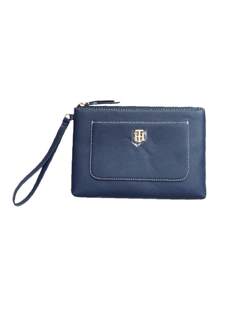 TOMMY HILFIGER Leather Wristlet Pouch Clutch Handbag Wallet Navy Gold Tone Logo
